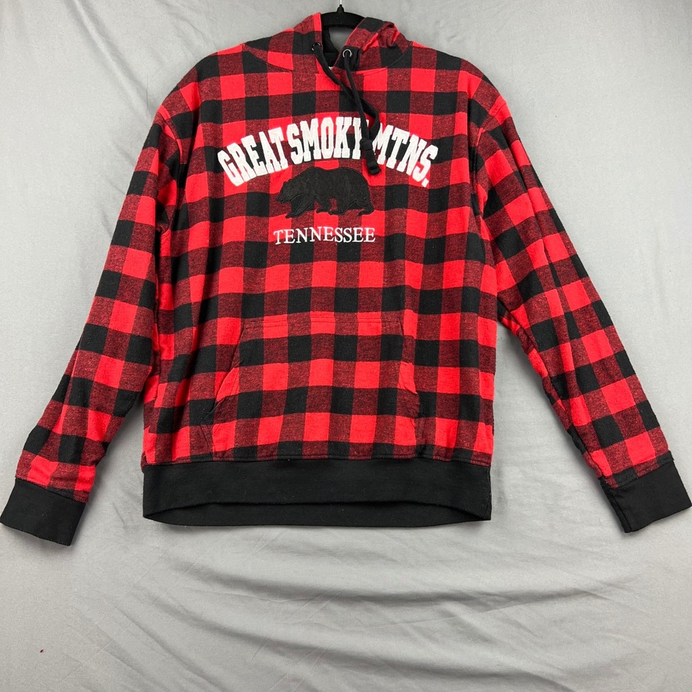 Crazy Apparel Hoodie Mens Medium Great Smoky Mtns Red Black Buffalo Plaid Good